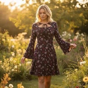 American Eagle Outfitters Boho Floral Mini Dress Bell Sleeves Tie Neckline Sz M